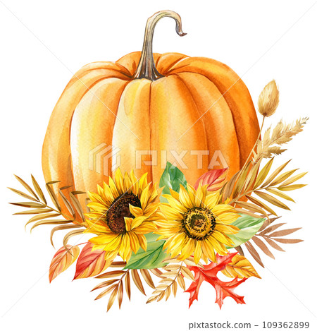 Watercolor sunflower, pumpkin and colorful leaves, autumn clipart. Watercolor floral illustration. Hand drawn pumpkins Watercolor sunflower, pumpkin and colorful leaves, autumn clipart. Watercolor floral illustration. Hand drawn pumpkins 109362899