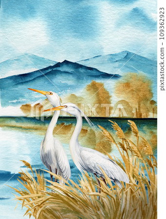 landscape with herons, lake and mountains Watercolor painting illustration. Two birds landscape with herons, lake and mountains Watercolor painting illustration. Two birds 109362923