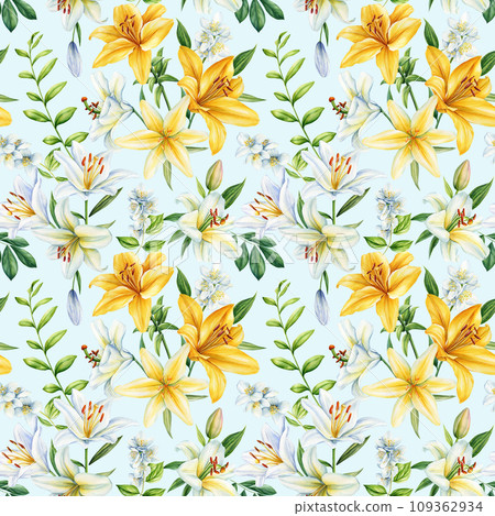 Seamless pattern lilies white flower and leaves, floral background, Lily flora. Botanical watercolor illustration Seamless pattern lilies white flower and leaves, floral background, Lily flora. Botanical watercolor illustration 109362934