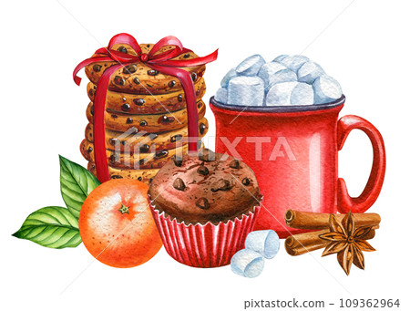 Christmas Sweet Watercolor Illustration, Hot drink, desserts and bakery drawing isolated on white background. 109362964