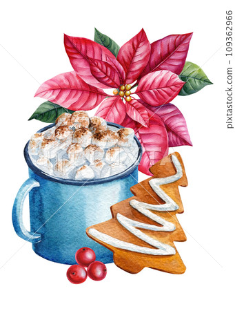 Christmas Sweet Watercolor Illustration, Hot drink, Christmas tree gingerbread and poinsettia isolated white background 109362966
