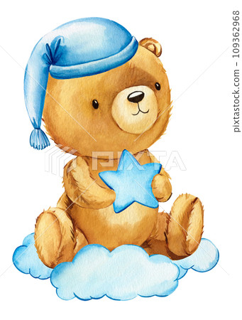 Cute teddy bear with star isolated on white background. Watercolor hand draw illustration, teddy bear art poster Cute teddy bear with star isolated on white background. Watercolor hand draw illustration, teddy bear art poster 109362968