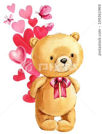 Teddy bear and heart watercolor on isolated white background, art poster, cute bear hand drawn. Toy Valentine's day Teddy bear and heart watercolor on isolated white background, art poster, cute bear hand drawn. Toy Valentine's day 109362969
