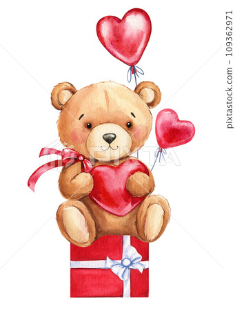 Teddy bear with heart balloon and gift box, Hand painted watercolor illustration isolated background. Valentines Day Teddy bear with heart balloon and gift box, Hand painted watercolor illustration isolated background. Valentines Day 109362971