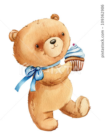 Watercolor hand drawn bear with cupcake on white isolated background for cards, invitations. Cute watercolor teddy bears 109362986