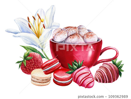 Valentines day, Sweet set Watercolor Illustration, Hot drink, desserts and bakery drawing isolated on white background. Valentines day, Sweet set Watercolor Illustration, Hot drink, desserts and bakery drawing isolated on white background. 109362989