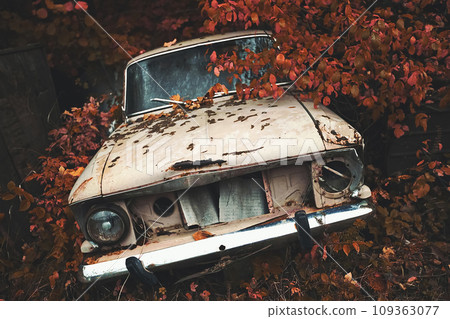 Destroyed car in an abandoned place. Lost place. An abandoned car decays with time. High quality photo. High quality photo 109363077