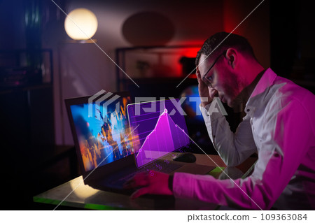 Laptop with abstract forex chart. Digital graph rising and falling, device display . Business corporate communication, stock market changes . Concept of online paying. Home office interior in loft 109363084