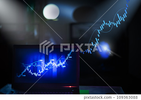 Businessman trading online stock market concept or forex investment exchange. Bitcoins, futures. Crypto currency chart with values moving up and down, trading statistics and analytics on laptop screen Businessman trading online stock market concept or forex investment exchange. Bitcoins, futures. Crypto currency chart with values moving up and down, trading statistics and analytics on laptop screen 109363088