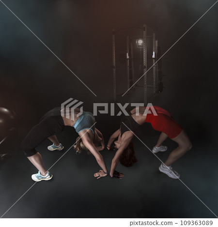 fitness bodybuilding a couple of beautiful girls do sports together with a trainer with a beautiful body and a slim figure pose in the gym, creative photo. High quality photo fitness bodybuilding a couple of beautiful girls do sports together with a trainer with a beautiful body and a slim figure pose in the gym, creative photo. High quality photo 109363089