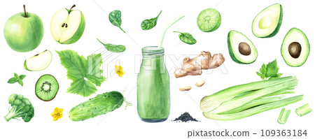 Big set of fruits, vegetables and seeds for green smoothies. Watercolor food illustration. For clip art cards menu label Big set of fruits, vegetables and seeds for green smoothies. Watercolor food illustration. For clip art cards menu label 109363184