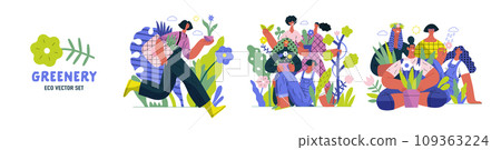 Greenery, ecology -modern flat vector concept illustration of people and plants. Metaphor of environmental sustainability and protection, closeness to nature, green life, ecosystem and biosphere 109363224