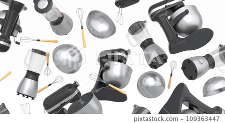 Electric kitchen appliances and utensils for making pastry on white background Electric kitchen appliances and utensils for making pastry on white background 109363447