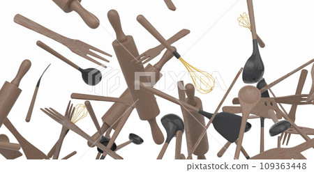 Many of flying kitchen utensils, tools and equipment on white background. 109363448