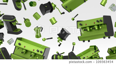 Many of flying espresso machine with horn, cups, geyser coffee maker and grinder 109363454