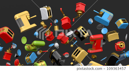 Many of flying espresso machine with horn, cups, geyser coffee maker and grinder 109363457
