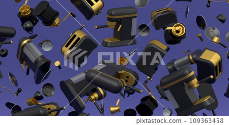 Many of flying espresso machine with horn, cups, geyser coffee maker and grinder 109363458