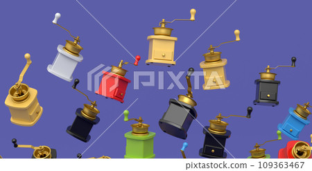 Many of flying manual wooden coffee grinder on violet background. Many of flying manual wooden coffee grinder on violet background. 109363467