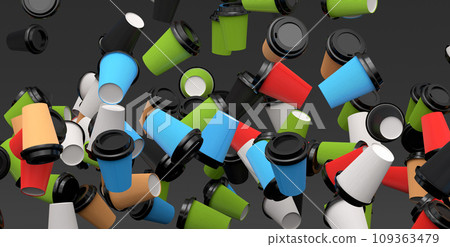 Many of flying of paper coffee cups for cappuccino, americano, espresso on black 109363479