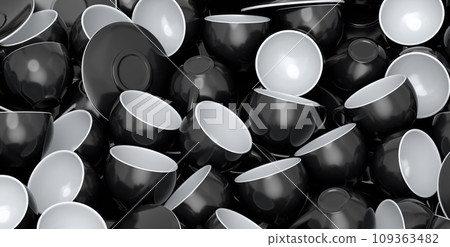Pile of ceramic coffee cups for espresso, teaspoons and plates on black 109363482
