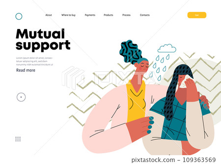 Mutual Support: Emotional aid and support -modern flat vector concept illustration of a woman comforting her friend in her sorrow A metaphor of voluntary, collaborative exchanges of resource, services 109363569