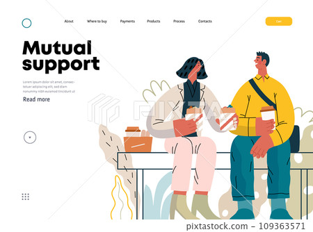 Mutual Support: Share food -modern flat vector concept illustration of woman offering half of her lunch to colleague in the park. A metaphor of voluntary, collaborative exchanges of resource, services 109363571