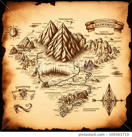 World of Adventure with Handmade Dungeons and Dragons Map Featuring Majestic Mountain Landscapes on Papyrus 109363719