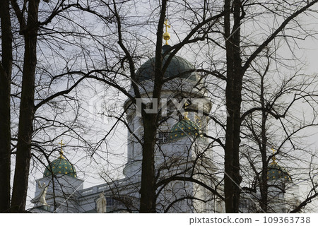 domes of Helsinki Cathedral behind silhouettes of trees domes of Helsinki Cathedral behind silhouettes of trees 109363738