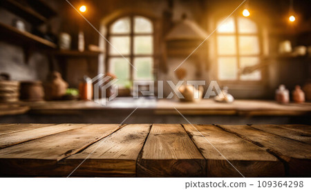 Empty wooden table with rural kitchen background. ai generated 109364298