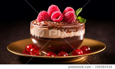 chocolate-raspberry mousse with cream and berries in a restaurant 109364326