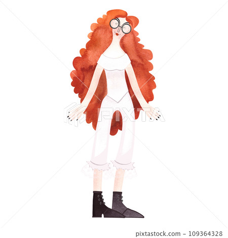 Red-haired curly girl with long hair in a white corset and pantaloons. Victorian era. Isolated watercolor illustration on white background. Red-haired curly girl with long hair in a white corset and pantaloons. Victorian era. Isolated watercolor illustration on white background. 109364328