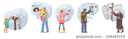 Characters Feeding Birds In The Serene Winter Landscape. Joyful People Scatter Birdseed, Feathers Flutter Characters Feeding Birds In The Serene Winter Landscape. Joyful People Scatter Birdseed, Feathers Flutter 109364359