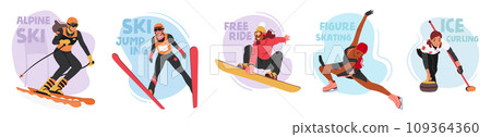 Characters In Winter Sports Activities. Alpine Skiing, Ski Jump, Snowboarding Free Ride, Figure Skating, Ice Curling 109364360