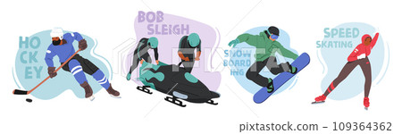 Characters in Exhilarating Winter Sports Activities Including Hockey, Bobsleigh, Snowboarding and Speed Skating Characters in Exhilarating Winter Sports Activities Including Hockey, Bobsleigh, Snowboarding and Speed Skating 109364362