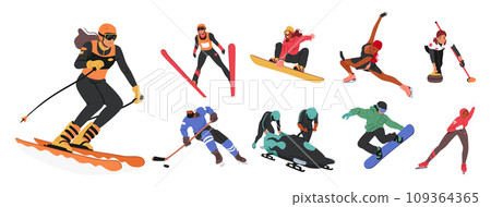 Set Of Athlete Characters In Winter Sports Activities Like Skiing, Snowboarding, Ice Skating, And Hockey, Bobsleigh Set Of Athlete Characters In Winter Sports Activities Like Skiing, Snowboarding, Ice Skating, And Hockey, Bobsleigh 109364365