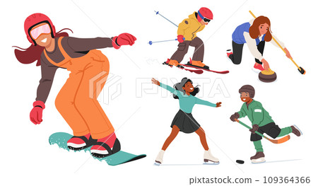 Children Joyfully Glide On Sparkling Snow, Bundled In Colorful Winter Gear, Gracefully Mastering The Art Of Ice Skating 109364366