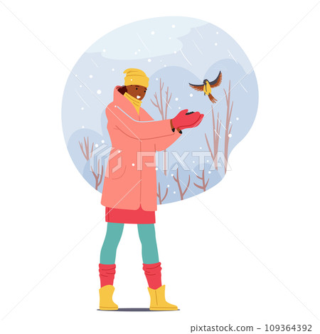 Kind Woman Offering Seeds From Her Outstretched Hand in Winter Chill. Feathers Flutter As Grateful Birds Gather Kind Woman Offering Seeds From Her Outstretched Hand in Winter Chill. Feathers Flutter As Grateful Birds Gather 109364392