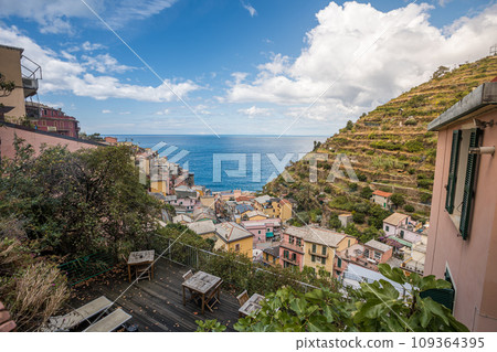 Stunning view of Manarola village in Cinque Terre National Park, beautiful cityscape with colorful houses and green terraces on cliffs over a sea, Liguria region of Italy. 109364395