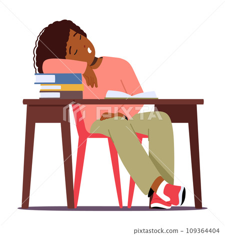 Exhausted Student Girl Slumbers On The Desk, Fatigue Etched On The Face, A Silent Portrait Of Academic Weariness 109364404