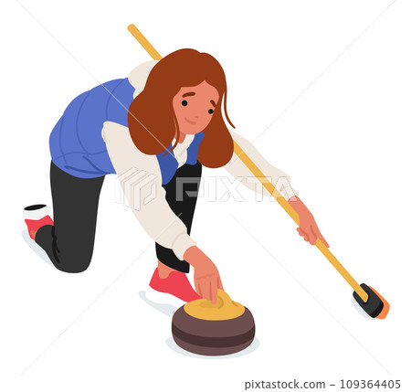 Spirited Girl Glides On The Icy Surface, Strategically Sliding A Curling Stone, Cartoon Vector Illustration 109364405
