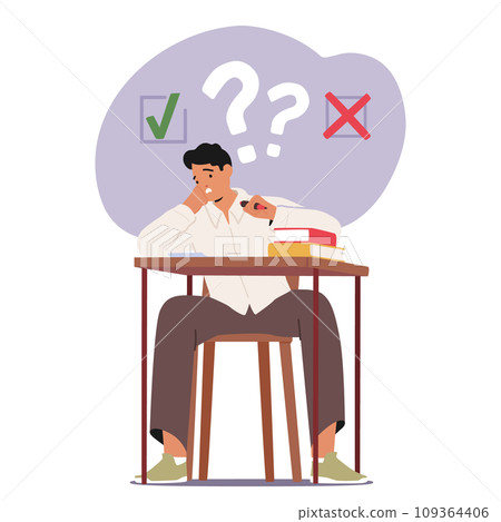 Student Boy Character Sits Nervously At A Desk, Surrounded By Textbooks And Notes, Facing An Exam, Vector Illustration Student Boy Character Sits Nervously At A Desk, Surrounded By Textbooks And Notes, Facing An Exam, Vector Illustration 109364406