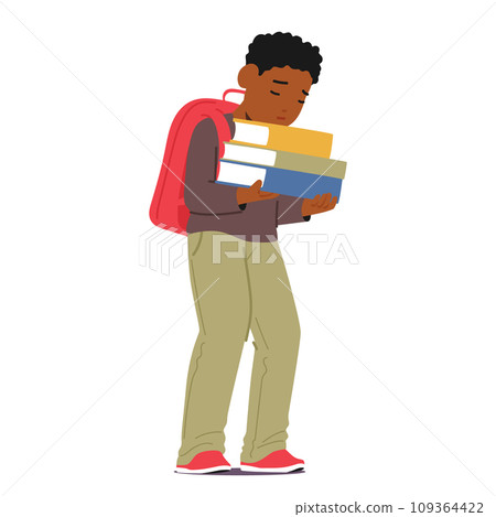 Exhausted Schoolchild Character, Laden With Towering Books, Slumps Wearily, Eyelids Drooping Cartoon Vector Illustration 109364422