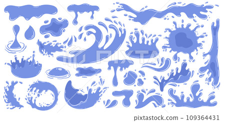 Set Of Cartoon Vibrant Water Splashes Dance In The Air, A Symphony Of Liquid Chaos Frozen In Time, Playful Liquid Aqua 109364431