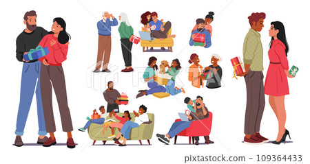 Festive Spirits Soar As People Joyfully Exchange Gifts, Laughter Echoing In The Air. Each Wrapped Surprise, Vector Set Festive Spirits Soar As People Joyfully Exchange Gifts, Laughter Echoing In The Air. Each Wrapped Surprise, Vector Set 109364433