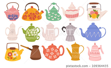 Teapot Collection, Whimsical And Diverse Crockery Set, Boasts An Array Of Shapes And Colors, Vector Illustration Teapot Collection, Whimsical And Diverse Crockery Set, Boasts An Array Of Shapes And Colors, Vector Illustration 109364435