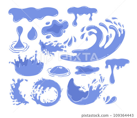 Cartoon Vivid Water Splashes Dance In The Air, Frozen In A Moment Of Liquid Chaos. Crystal Droplets Reflect Light Cartoon Vivid Water Splashes Dance In The Air, Frozen In A Moment Of Liquid Chaos. Crystal Droplets Reflect Light 109364443