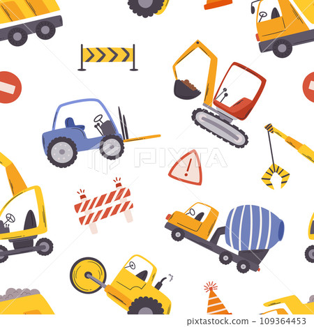 Seamless Pattern Featuring Vibrant Construction Cars, Bulldozers, Cranes, And Trucks Busy At Work. Tile Design Seamless Pattern Featuring Vibrant Construction Cars, Bulldozers, Cranes, And Trucks Busy At Work. Tile Design 109364453