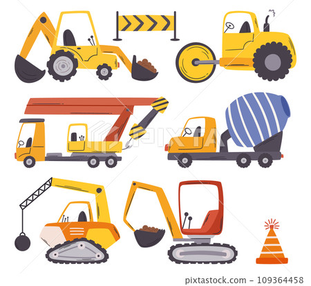 Bulldozers, Cranes, Excavators, And Dump Trucks with Concrete Mixer and Demolator Construction Vehicles 109364458