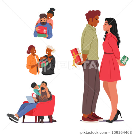 Festive Spirits Fill The Air As People Joyfully Exchange Gifts, Their Faces Lighting Up With Gratitude And Excitement Festive Spirits Fill The Air As People Joyfully Exchange Gifts, Their Faces Lighting Up With Gratitude And Excitement 109364468