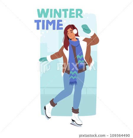 Winter Time Banner With Graceful Female Character Glides Across The Rink, Dance with Precision And Joy 109364490